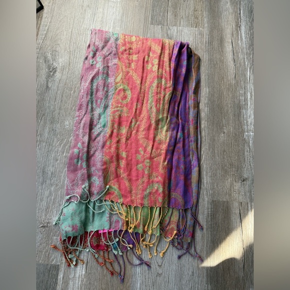 VTG Neck Scarf Made In India Boho Hippie Multi Color Pink Purple Green Fringe - Picture 5 of 6